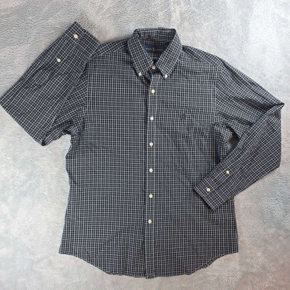 Ralph Lauren Mens Large Navy Blue White Grid Long Sleeve Button Down Shirt Pony
